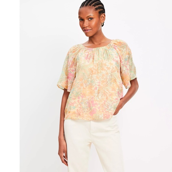 LOFT Shimmer Gold Floral Flutter Sleeve Cottagecore Bohemian - Picture 6 of 6